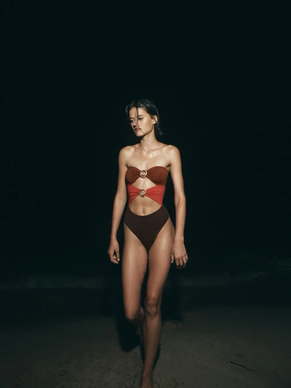 Zara Strapless Cutout One-Piece Swimsuit in Brown and Rust - Women Swim - Picture 2 of 7